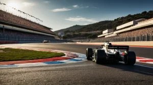 Voiture de Formule 1 négociant un virage serré sur le circuit de Barcelona-Catalunya, avec des fans en arrière-plan