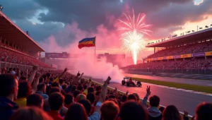 Ambiance festive au circuit de Barcelona-Catalunya avec des fans en liesse et une course spectaculaire en cours.