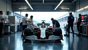 Ingénieurs et mécaniciens travaillant sur une voiture de F1 dans un garage moderne à Suzuka, symbolisant l'avenir du circuit.
