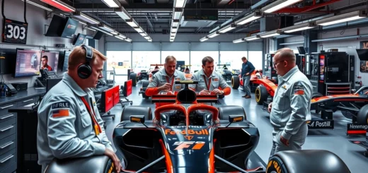 Ingenuers travaillant dans un garage de F1