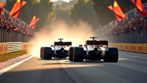 Duel intense entre deux voitures de Formule 1 sur le circuit de Barcelona-Catalunya, sous les acclamations des spectateurs