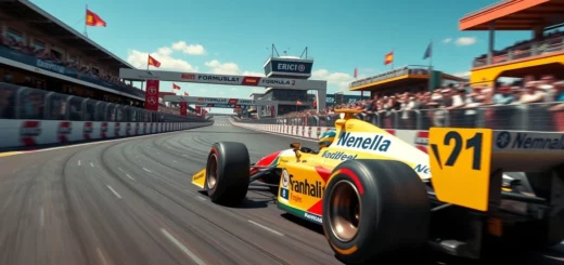 Une représentation photoréaliste d'une scène de course emblématique en Formule 1, mettant en avant l'héritage d'Ayrton Senna.