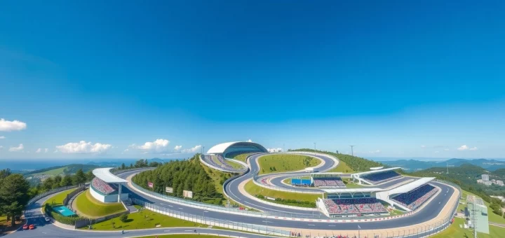 Vue photorealiste du circuit de Suzuka, illustrant son ingénierie complexe et sa beauté.