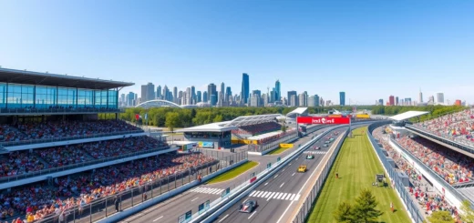 Une illustration photoréaliste du circuit de Montréal, montrant l'histoire vibrante de ses 50 ans.