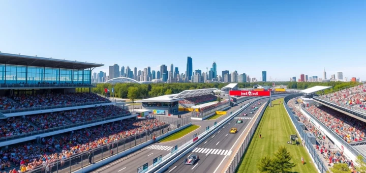 Une illustration photoréaliste du circuit de Montréal, montrant l'histoire vibrante de ses 50 ans.