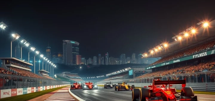 Une scène de course de nuit en Formula 1 avec des voitures illuminées.