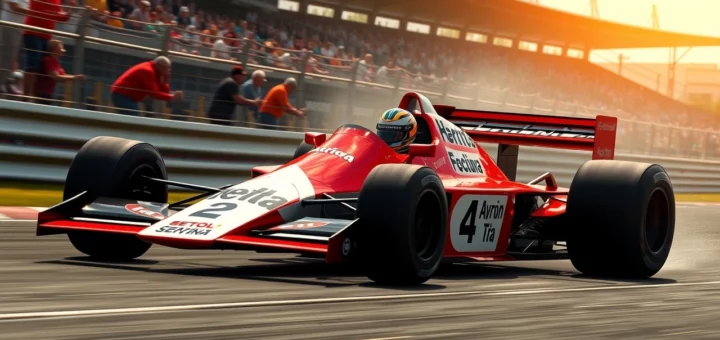 Une illustration photoréaliste d'Ayrton Senna en pleine course de Formule 1, montrant sa détermination et son génie.