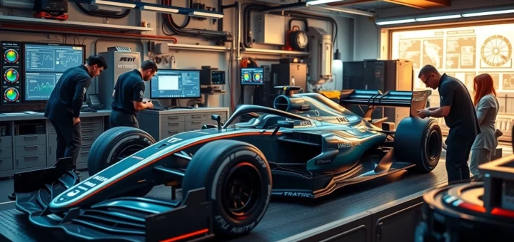 Une image illustrant le développement des monoplaces hybrides en F1 dans un garage moderne.