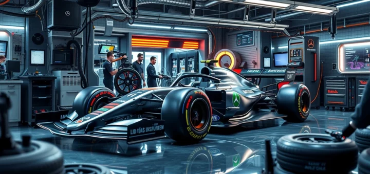 Une scène de garage de Formule 1 futuriste montrant des innovations techniques avec des ingénieurs au travail.