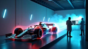 Essais aérodynamiques en soufflerie d'une maquette de F1, avec visualisation des flux d'air et ingénieurs analysant les données pour optimiser la performance