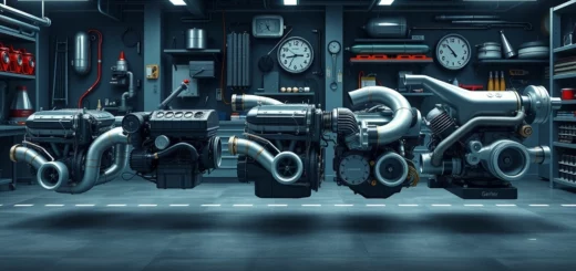 Illustration photorealiste de l'évolution des moteurs V6 turbos avec divers modèles.