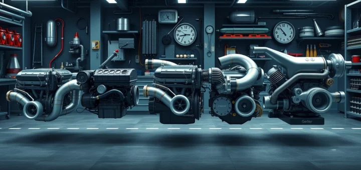 Illustration photorealiste de l'évolution des moteurs V6 turbos avec divers modèles.