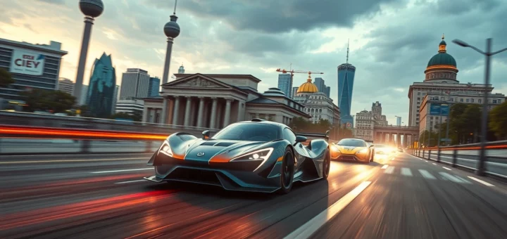 Illustration d'une course de Formule E entre Berlin et São Paulo.