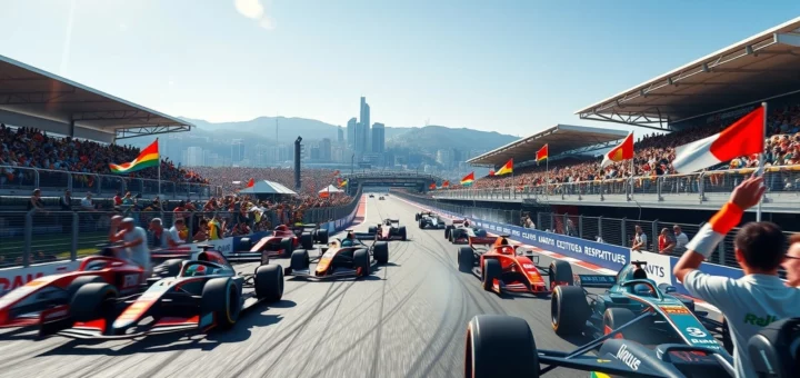 Une scène photoréaliste d'un Grand Prix de Formule 1 en 2025 avec des voitures de course, des spectateurs et un circuit animé.