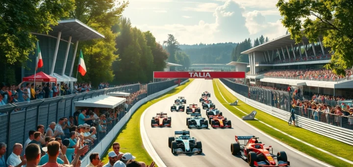 Une représentation photoréaliste du Grand Prix d'Italie sur l'autodromo, avec une ambiance vibrante et des fans enthousiastes.