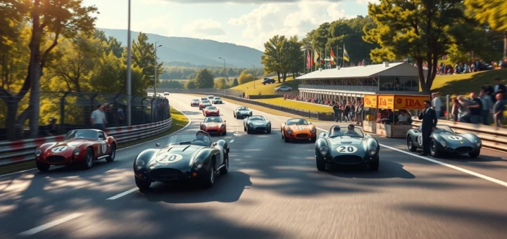 Illustration du circuit historique de Spa avec des voitures de course classiques.