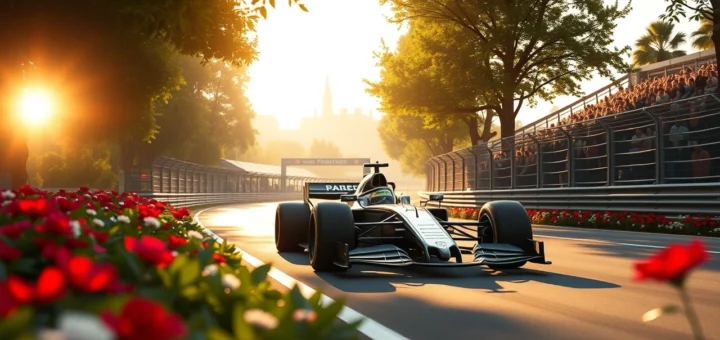 Hommage à Jules Bianchi avec une voiture de F1 sur un circuit, symbolisant des progrès en sécurité.