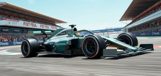 Illustration d'une voiture de Formule 1 futuriste utilisant des technologies durables.