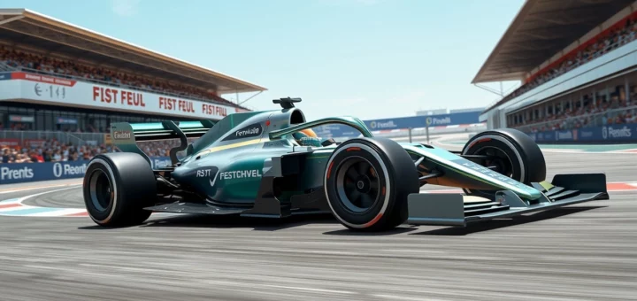 Illustration d'une voiture de Formule 1 futuriste utilisant des technologies durables.