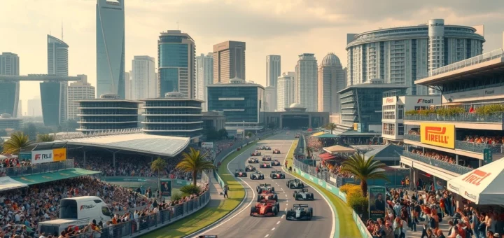 Un paysage urbain animé illustrant l'impact économique des courses de F1 sur les villes hôtes.