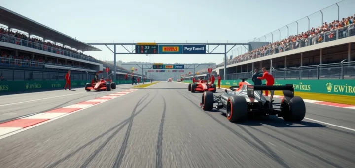 Une illustration photoréaliste d'une session d'essai de Formule 1 sur une piste.