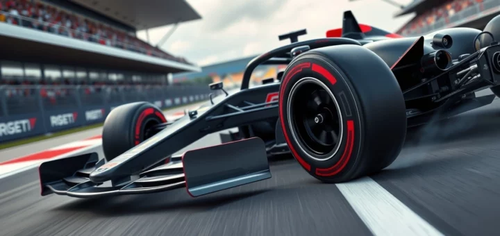 Une illustration photoréaliste d'une voiture de F1 mettant en avant des innovations dans le système de freinage.