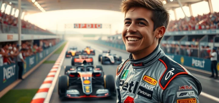 Un jeune pilote de Formule 1 célébrant sa victoire sur la piste.