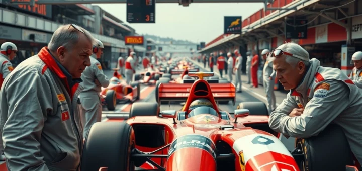 Une scène illustrant les leaders d'écuries de F1 influents et leur impact sur le sport.