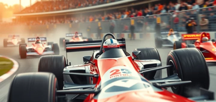 Une illustration photoréaliste d'une course de Formule 1, inspirée par la stratégie et la détermination d'Alain Prost.