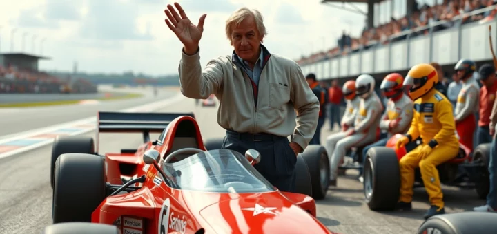 Une scène photoréaliste d'Alain Prost en leadership sur et en dehors des circuits de F1.
