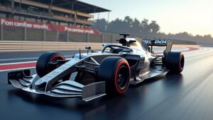 Voiture de F1 utilisant des matériaux avancés comme la fibre de carbone et le titane, avec une vue en coupe révélant leur structure légère et aérodynamique, sur un circuit à haute vitesse