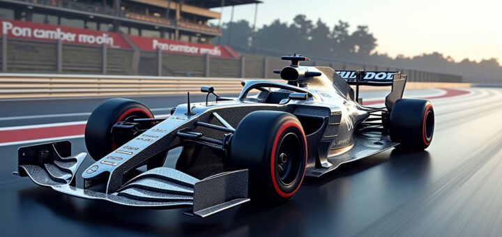 Voiture de F1 utilisant des matériaux avancés comme la fibre de carbone et le titane, avec une vue en coupe révélant leur structure légère et aérodynamique, sur un circuit à haute vitesse