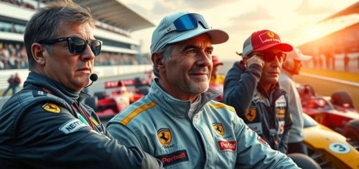 Un groupe de personnalités emblématiques de la F1 dans un environnement de course dynamique.