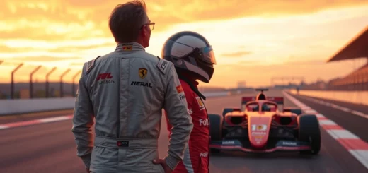 Image de deux pilotes de F1 au crépuscule défiant les attentes.