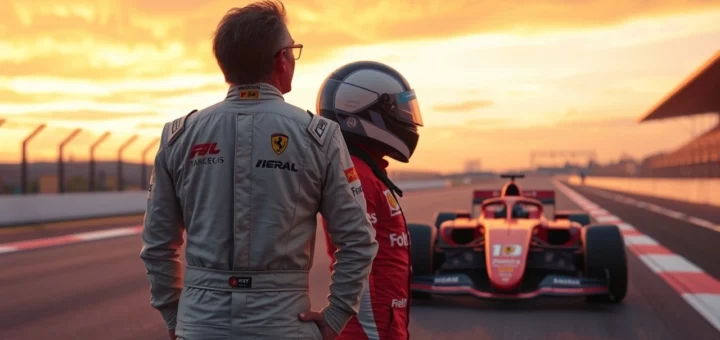 Image de deux pilotes de F1 au crépuscule défiant les attentes.