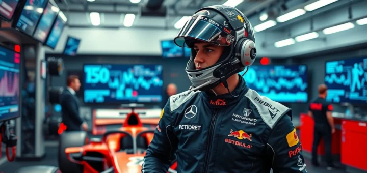 Une scène montrant un pilote de F1 s'entraînant avec des technologies biométriques.