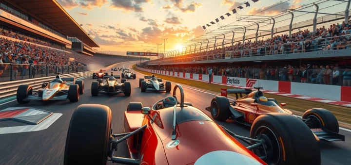 Une illustration photoréaliste des pionniers de la Formule 1 et de leur impact sur l'histoire du sport, montrant des voitures emblématiques et des pilotes légendaires en action.