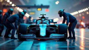 Équipe de F1 en pleine action lors d'un arrêt au stand, avec une voiture futuriste à hydrogène, design aérodynamique et accents bleus lumineux, sur un circuit animé