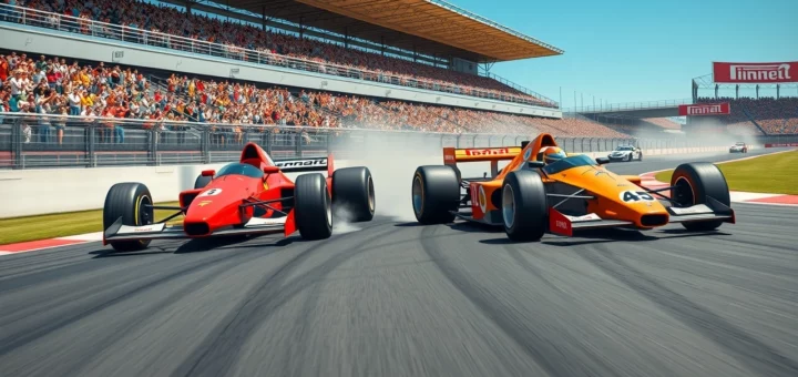 Une scène illustrant la rivalité entre Ferrari et McLaren lors d'une course de Formule 1.