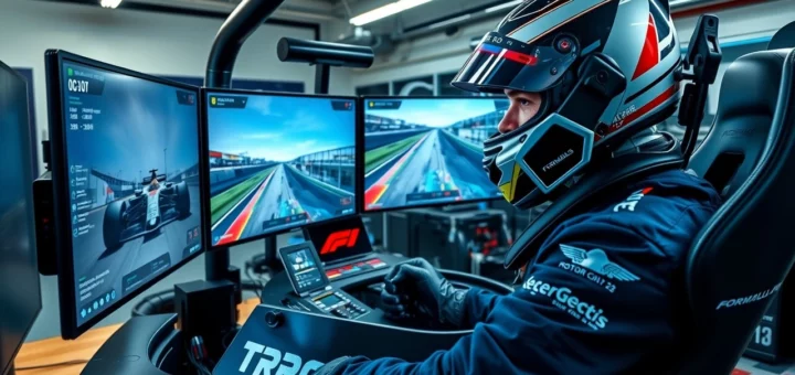 Un pilote de F1 utilisant un simulateur de course dans un garage moderne