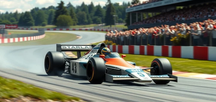 Image d'une voiture de Formule 1 d'Alain Prost en pleine course sur un circuit, avec des scènes de vapeur de pneus et une foule enthousiaste.