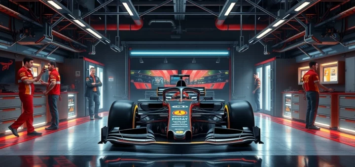 voiture de F1 dans un garage high-tech