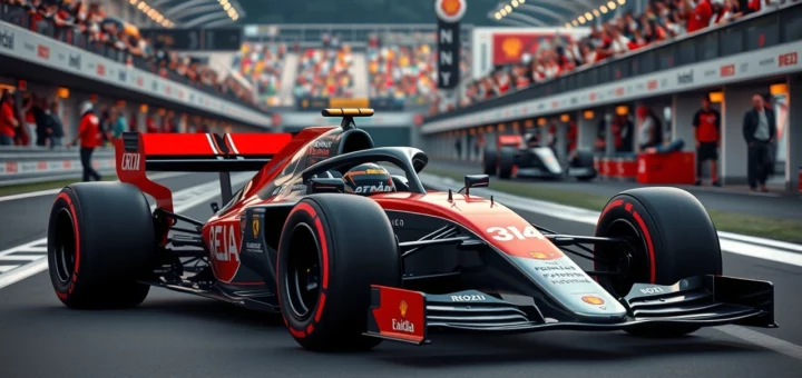 Une voiture de Formule 1 moderne inspirée des écuries classiques sur un circuit de course.