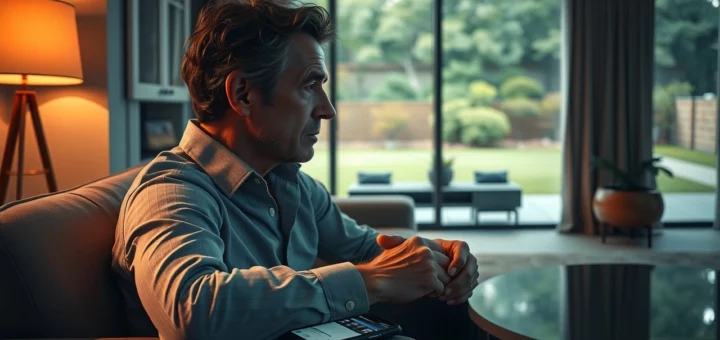 Alain Prost inquiet dans son salon, regardant par la fenêtre.