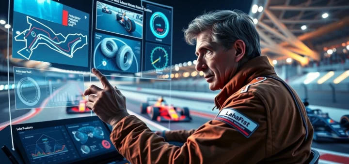 Illustration d'Alain Prost analysant des données de course avec des technologies avancées.