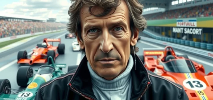 Alain Prost entouré de voitures de Formule 1 représentatives de ses années de carrière.