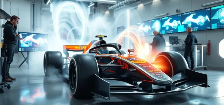 Une image photoréaliste d'une analyse avancée de la dynamique des fluides dans le contexte de la F1.