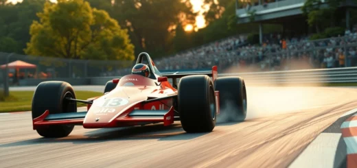 Une illustration d'Ayrton Senna en train de conduire une voiture de Formule 1 sur un circuit, capturant l'essence de la vitesse et de la précision, entourée de spectateurs et d'une ambiance de course.