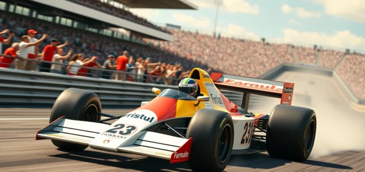 Une illustration d'une voiture de Formule 1 emblématique inspirée par Ayrton Senna en pleine vitesse sur un circuit, symbolisant la passion et la détermination.