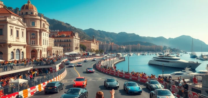 Scène illustrant les émissions de bruit et la réglementation au circuit de Monaco lors des Grands Prix de F1.